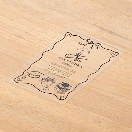 Hand getekende geïllustreerde zwart-wit Afstudeerd Acryl Uitnodigingen (Laagn)