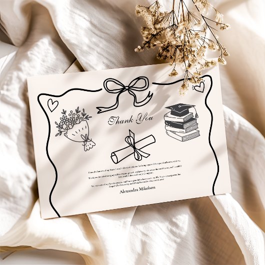 Hand getekende geïllustreerde zwart-wit Afstuderen Bedankkaart