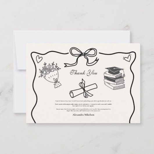 Hand getekende geïllustreerde zwart-wit Afstuderen Bedankkaart (Voorkant)