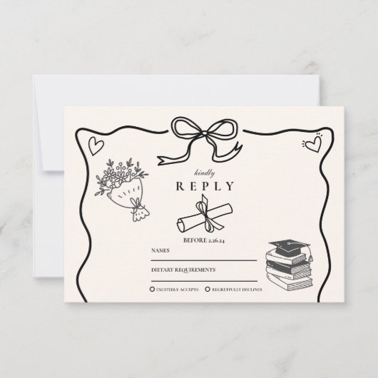 Hand getekende geïllustreerde zwart-wit Afstuderen RSVP Kaartje (Voorkant)