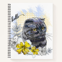 Hand getekende grappige zwarte Britse kat met bloe Notitieboek