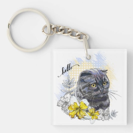 Hand getekende grappige zwarte Britse kat met bloe Sleutelhanger (voorkant)