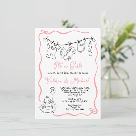 Hand getekende grillige Baby shower Clothesline Gi Kaart (Staand voorkant)