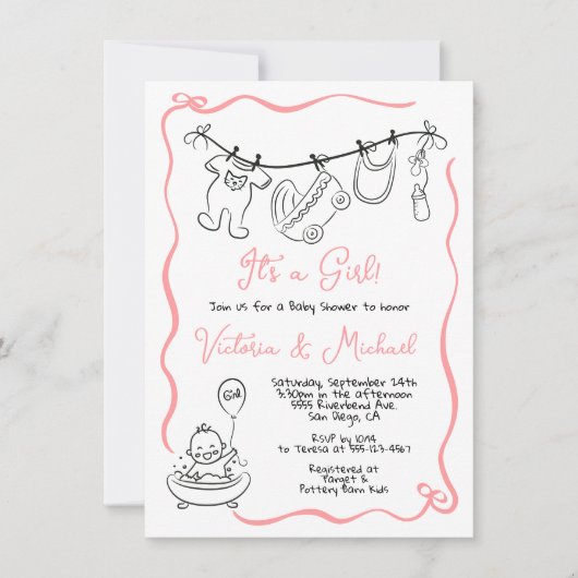 Hand getekende grillige Baby shower Clothesline Gi Kaart (Voorkant)