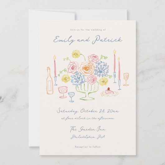 Hand getekende grillige funky Franse pastel bruilo Kaart (Voorkant)