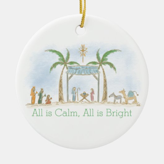 Hand getekende kerststal Alles is rustig Gezegde Keramisch Ornament (Voorkant)