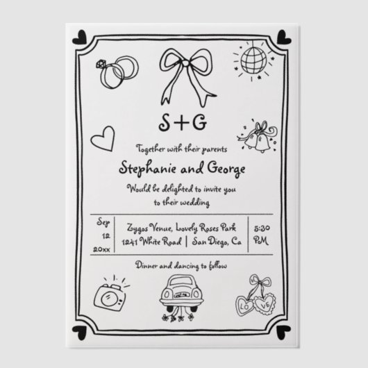 Hand getekende krabbel doodle grillige bruiloft vellum uitnodigingen (Voorkant)