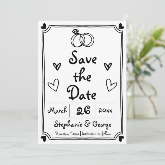 Hand getekende krabbel doodle grillige Frans Save The Date (Staand voorkant)