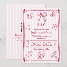 Hand getekende krabbel doodle roze QR code bruilof Kaart