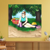 Hand-getekende kunst | Vrouw bij strand Canvas Afdruk (Insitu (Woonkamer))