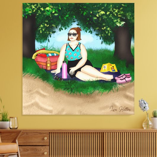 Hand-getekende kunst | Vrouw bij strand Canvas Afdruk (Insitu (Woonkamer))