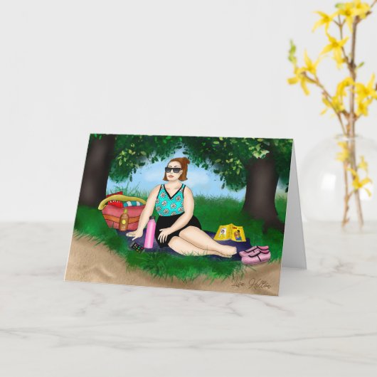 Hand-getekende kunst | Vrouw bij strand Kaart (Gele Bloem)