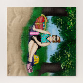 Hand-getekende kunst | Vrouw bij strand Legpuzzel (Horizontaal)