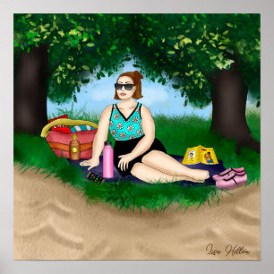 Hand-getekende kunst Vrouw bij strand Poster