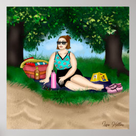 Hand-getekende kunst | Vrouw bij strand Poster