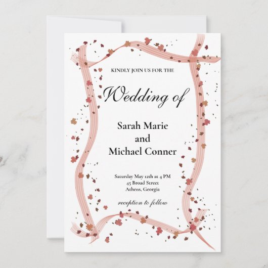 Hand getekende lint en bloemen bruiloft uitnodigin kaart (Voorkant)