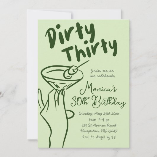 Hand getekende Martini Dirty 30 volwassen verjaard Kaart (Voorkant)