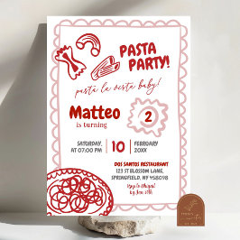 Hand Getekende Rode Pizza Pasta Verjaardagsfeestje Kaart