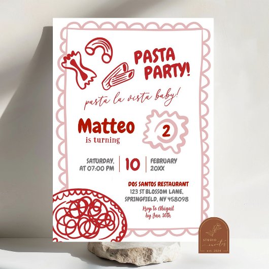 Hand Getekende Rode Pizza Pasta Verjaardagsfeestje Kaart