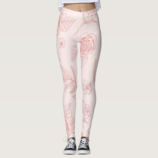 Hand getekende roze bloemen leggings (Voorkant)