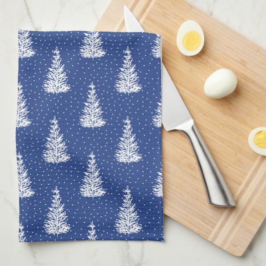 Hand getekende sneeuw bedekte boom patroon indigo theedoek (Quarter Fold)