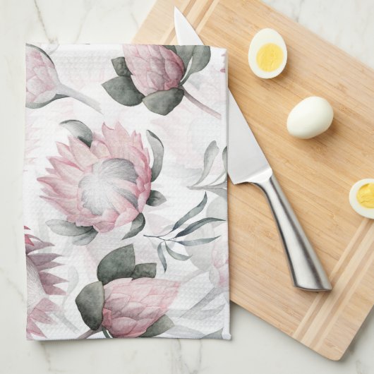 Hand getekende waterverf blos protea bloempatroon theedoek (Quarter Fold)