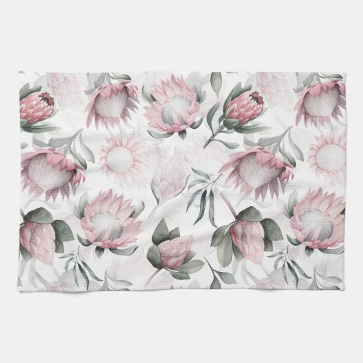 Hand getekende waterverf blos protea bloempatroon theedoek (Horizontaal)