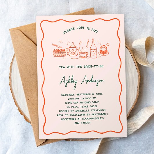Hand Getekende Whimsical Thee Bruiloft Feest Kaart