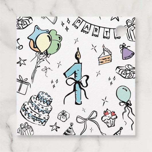 Hand getrokken 1e verjaardag bedankjes labels (Achterkant)