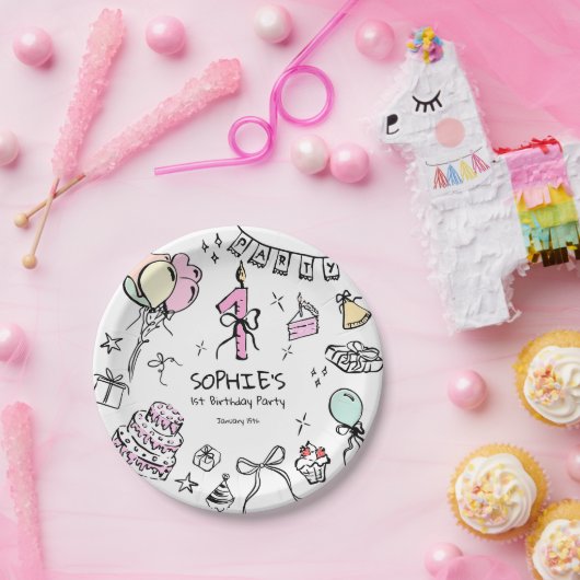 Hand getrokken 1e verjaardag papieren bordje (Feest)