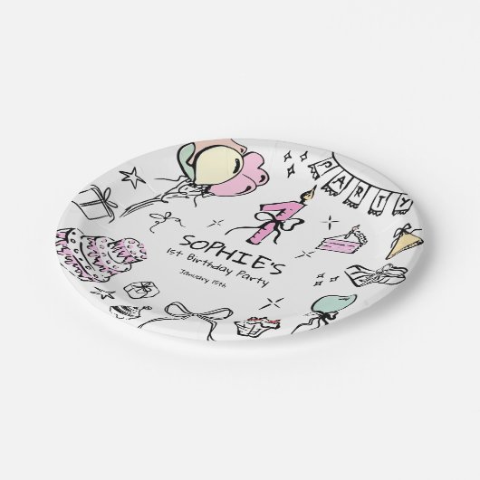 Hand getrokken 1e verjaardag papieren bordje (Gekanteld)