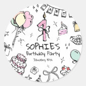 Hand getrokken 1e verjaardag ronde sticker (Voorkant)