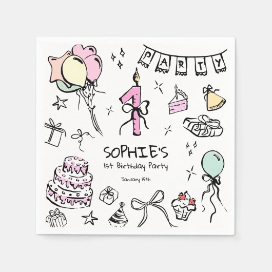 Hand getrokken 1e verjaardag servet (Voorkant)