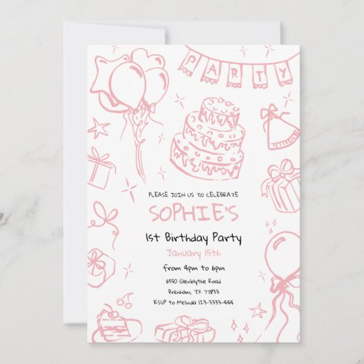 Hand getrokken 1e verjaardag uitnodigen, Doodle ve Kaart (Voorkant)