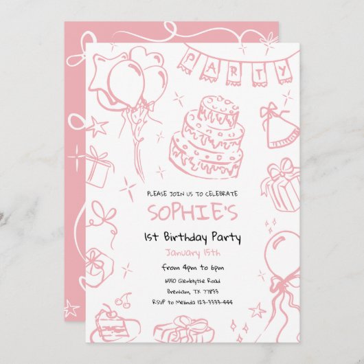 Hand getrokken 1e verjaardag uitnodigen, Doodle ve Kaart (Voorkant / Achterkant)