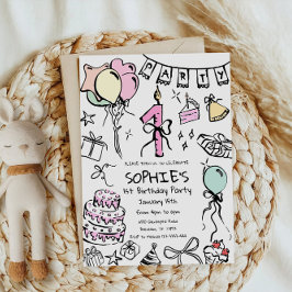 Hand getrokken 1e verjaardag uitnodigen, Doodle ve Kaart