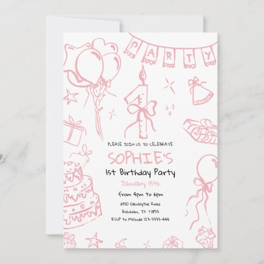 Hand getrokken 1e verjaardag uitnodigen, Doodle ve Kaart (Voorkant)