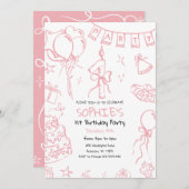 Hand getrokken 1e verjaardag uitnodigen, Doodle ve Kaart (Voorkant / Achterkant)