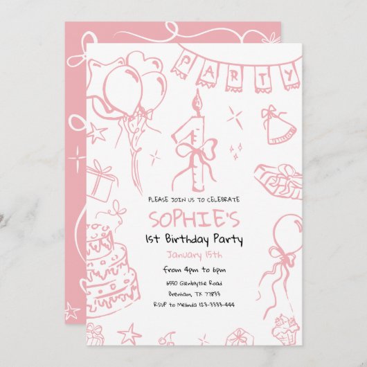 Hand getrokken 1e verjaardag uitnodigen, Doodle ve Kaart (Voorkant / Achterkant)