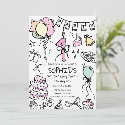 Hand getrokken 1e verjaardag uitnodigen, Doodle ve Kaart (Staand voorkant)