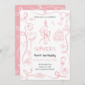 Hand getrokken 1e verjaardag uitnodiging, verjaard kaart (Voorkant / Achterkant)