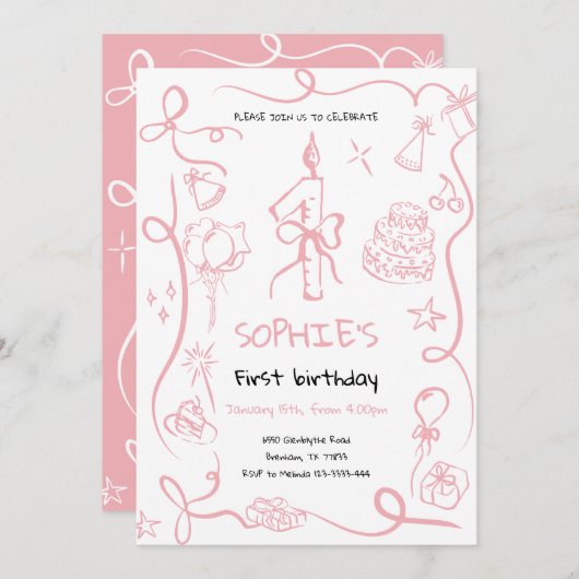 Hand getrokken 1e verjaardag uitnodiging, verjaard kaart (Voorkant / Achterkant)