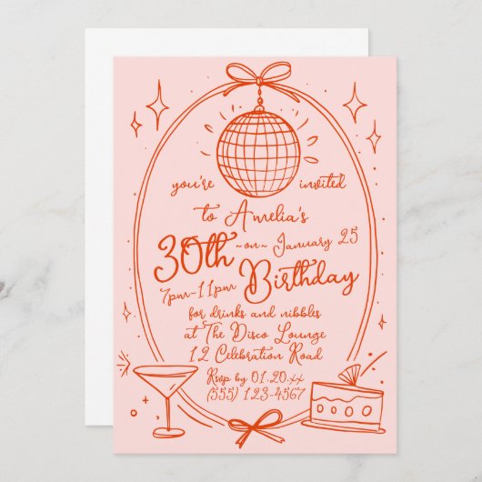 Hand getrokken 30e verjaardag uitnodigen Disco Kaart (Voorkant / Achterkant)