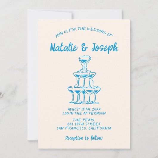 Hand getrokken allen in één blauwe champagnetoren kaart (Voorkant)