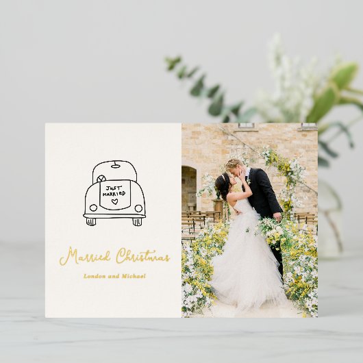 Hand getrokken auto Doodle Modern Pas getrouwd Chr Folie Feestdagenkaart (Staand Voorkant)