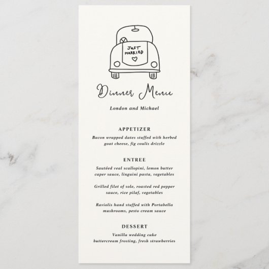Hand getrokken auto Doodle Moderne bruiloft Menu (Voorkant)