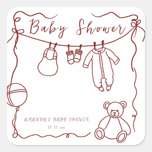 Hand getrokken babykleding baby shower vierkante sticker (Voorkant)