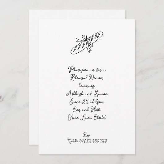 Hand getrokken Baguette & Bow bruiloft repetitie d Kaart (Voorkant / Achterkant)