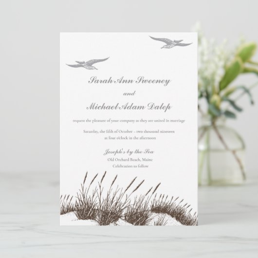 Hand getrokken Beach bruiloft uitnodiging met duin (Staand voorkant)