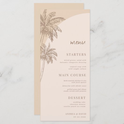Hand getrokken beige palmboom Boho Beach bruiloft Menu (Voorkant / Achterkant)